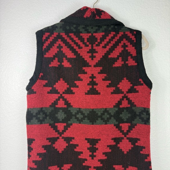 Woolrich vintage 80s RED BLACK AZTEC SHAWL NECK WOOL BUTTON UP VEST size S - Picture 4 of 8